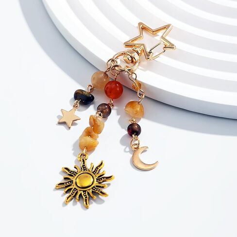 Boho Sun Moon Star Keychain for Women, Gemstone Crystal Key Ring, Bohemian Tassel Purse Charm, Spiritual Astrology Gift for Bag Car Keys in Saudi Arabia