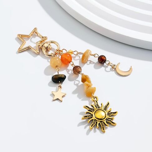 Boho Sun Moon Star Keychain for Women, Gemstone Crystal Key Ring, Bohemian Tassel Purse Charm, Spiritual Astrology Gift for Bag Car Keys in Saudi Arabia