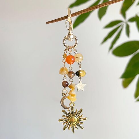 Boho Sun Moon Star Keychain for Women, Gemstone Crystal Key Ring, Bohemian Tassel Purse Charm, Spiritual Astrology Gift for Bag Car Keys in Saudi Arabia