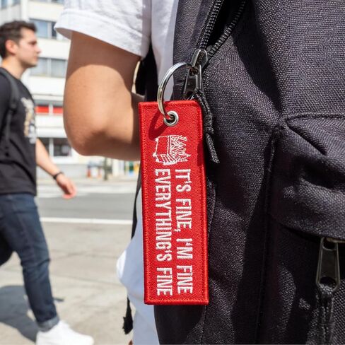 Graceful life Funny Embroidery Keychain I'm Fine Everything's Fine Red Fabric Key Ring for Bag Car Key Decoration Gift in Saudi Arabia