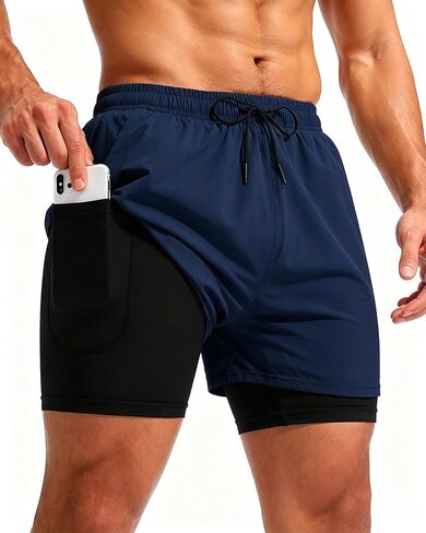 Mens 2 in 1 Running Shorts with Liner, Gym Athletic Workout Quick Dry Sport Shorts with Pockets in Kuwait