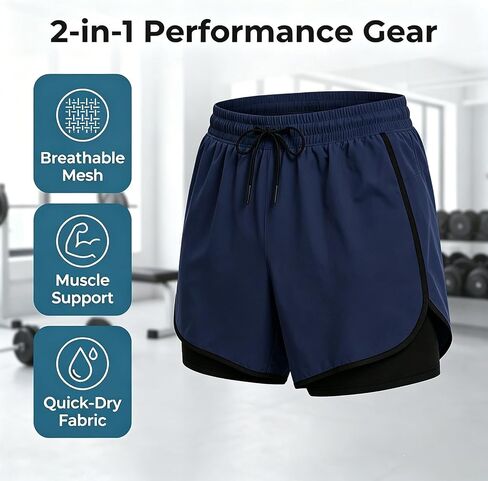 Mens 2 in 1 Running Shorts with Liner, Gym Athletic Workout Quick Dry Sport Shorts with Pockets in Kuwait