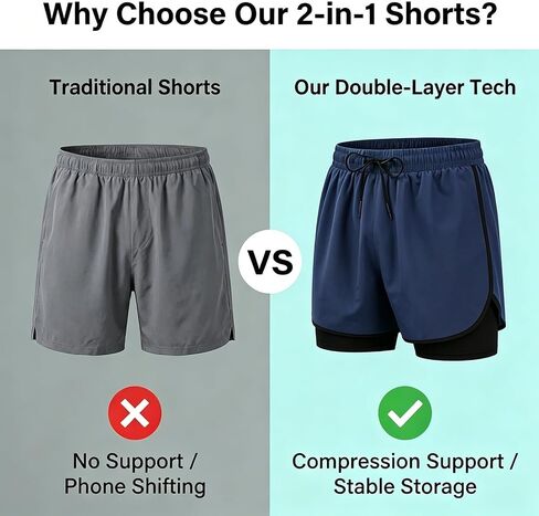 Mens 2 in 1 Running Shorts with Liner, Gym Athletic Workout Quick Dry Sport Shorts with Pockets in Kuwait
