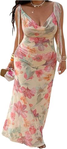 Floerns Women's Plus Size Floral Maxi Dress Tie Shoulder Cowl Neck Bodycon Wedding Guest Dresses in Kuwait