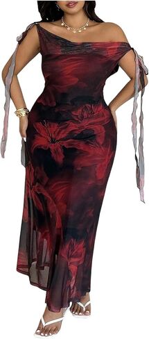 Floerns Women's Plus Size Floral Maxi Dress Tie Shoulder Cowl Neck Bodycon Wedding Guest Dresses in Kuwait