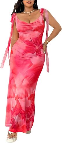 Floerns Women's Plus Size Floral Maxi Dress Tie Shoulder Cowl Neck Bodycon Wedding Guest Dresses in Kuwait