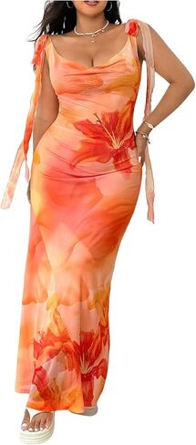 Floerns Women's Plus Size Floral Maxi Dress Tie Shoulder Cowl Neck Bodycon Wedding Guest Dresses in Kuwait