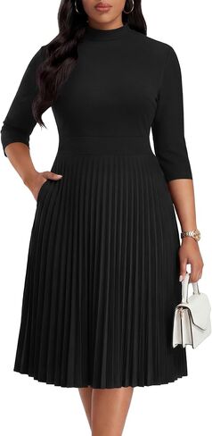 Nmoder Womens Cocktail Dress 3/4 Sleeve Pleated Church Dresses for Women Midi Work Crewneck Dress with Pockets in Saudi Arabia