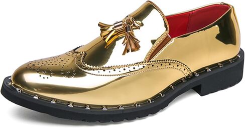 Men's Metallic Leather with Tassel Slip On Loafers Brogue Rivets Low Heel Wingtip Dress Shoes for Men Lightweight Soft Comfortable Breathable for Party Wedding Formal Business Office in Saudi Arabia