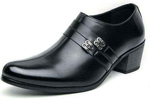 Men's Black Genuine Leather Slip On Dress Loafers with Metal Buckle Medium Chunky Block Heel Pointed Toe Comfortable Shoes for Formal Business Office Work Party Wedding in Saudi Arabia
