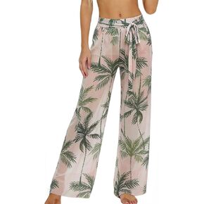 YOCUR Women's Bikini Bottom Cover Up Wide Leg Pants See Through Sheer Mesh Swimsuit Flowy High Waist Printed Beach Pants in Saudi Arabia