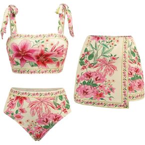 Verdusa Women's 3 Piece Floral Bikini Sets Tie Shoulder Swimsuit with Cover Up Skirt in Kuwait