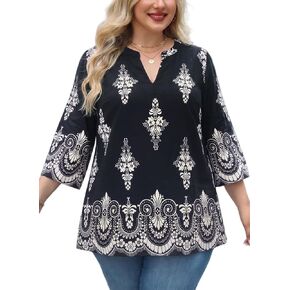 Plus Size Tops 3/4 Sleeve Boho Blouses Dressy Casual V Neck Tunic Loose Fit Floral Peasant Shirts in Saudi Arabia