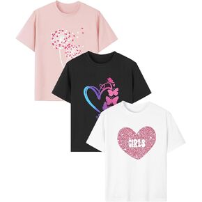 Girls Graphic T-Shirt 3-Pack, Printed Short Sleeve Crewneck Tees for Kids 8–14 in Kuwait