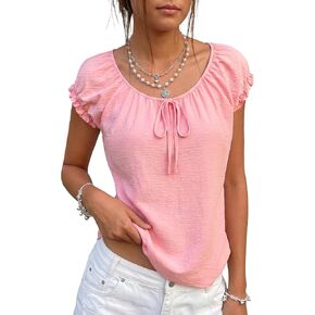 KIFOVEN Women's Ruffle Short Sleeve Scoop Neck Tie Back Casual Blouse Tops in Saudi Arabia