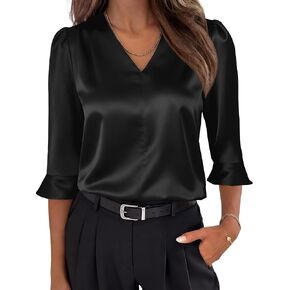 ANRABESS Women's Satin V Neck 3/4 Ruffle Sleeve Blouse Shirts | Silky Soft Tops, Pleated Ruched Shoulders, Business Casual Work Office Outfits, Dressy Elegant, Summer Fall Wear in Saudi Arabia