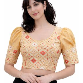 Women's Printed Strechable Saree Blouse with Puff Sleeves, Round Neck, Diamond Pattern in Kuwait