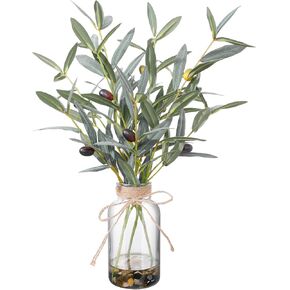 15.74" Artificial Olive Branches in Glass Vase with Faux Water & Natural Stones, Lifelike Fake Greenery for Modern Farmhouse Home Decor, Bathroom decor, Office Desk Centerpiece, Housewarming Gift in Saudi Arabia