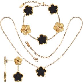 Five Leaf Lucky Clover Jewelry Set - 15MM Large Complete Necklace, Bracelet & Stud Earrings Gift Set for Women in Saudi Arabia