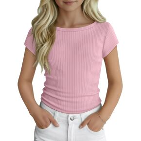 Oakgarden Shirts for Girls Cap Sleeve Ribbed Tops Short Sleeve Summer Slim Fit Tank Tops Casual Cute Basic Tees 5-14 Years in Kuwait