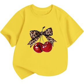 Girls Cute Cherry Shirts Kids Leopard Bow Tees Preppy Graphic T Shirt Aesthetic Short Sleeve Baggy Casual Tops in Saudi Arabia