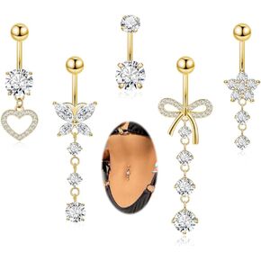 REVOLIA 5Pcs 14G 316L Stainless Steel Dangle Belly Button Rings Heart Flower Dangling Navel Ring Cute Bow Butterfly Belly Ring Sparkling CZ Belly Piercing Jewelry 10MM Gold in Saudi Arabia