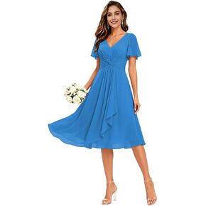 Women's Ruffles Chiffon Bridesmaid Dresses for Wedding with Flutter Sleeve Pleats V-Neck Formal Cocktail Dress in Saudi Arabia