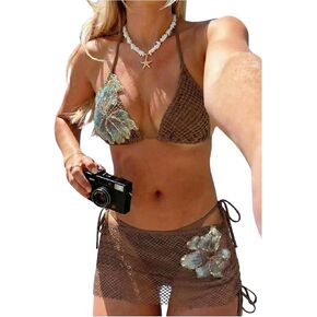 WDIRARA Women's Crochet 3 Piece Swimsuit Floral Sequins Halter Bikini Sets with Cover Up Skirt in Kuwait