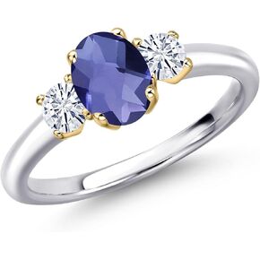 Gem Stone King Blue Iolite and White Moissanite 3-Stone Engagement Ring For Women | 925 Silver and 10K Yellow Gold | 0.97 Cttw | Oval Checkerboard 7X5MM | Available In Size 5, 6, 7, 8, 9 in Kuwait