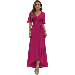 Short Sleeve Mother of The Bride Dresses for Women High Low Lace Applique Ruffle Formal Wedding Guest Dress in Kuwait
