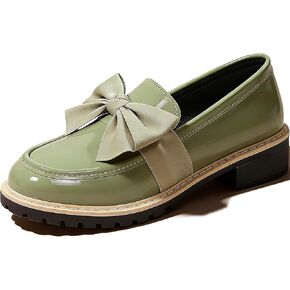 Women's Patent Leather Bow Chunky Heel Loafers Fashion Round Toe Lug Sole Low Block Heel Elegant Dress Shoes for Everyday Business School Office Work Wear in Saudi Arabia