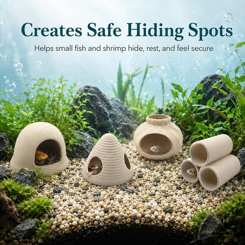 4PCS Betta Fish Tank Accessories, Fish Aquarium Decoration Hideout Caves for Fish Shrimp Crab to Breed, Rest and Play, No Paint, Natural Ceramics Triple Tunnel, Triangle Jar, Lantern & Cave House in Saudi Arabia