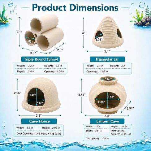 4PCS Betta Fish Tank Accessories, Fish Aquarium Decoration Hideout Caves for Fish Shrimp Crab to Breed, Rest and Play, No Paint, Natural Ceramics Triple Tunnel, Triangle Jar, Lantern & Cave House in Saudi Arabia