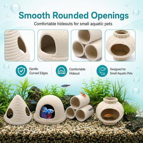 4PCS Betta Fish Tank Accessories, Fish Aquarium Decoration Hideout Caves for Fish Shrimp Crab to Breed, Rest and Play, No Paint, Natural Ceramics Triple Tunnel, Triangle Jar, Lantern & Cave House in Saudi Arabia