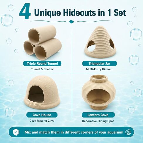 4PCS Betta Fish Tank Accessories, Fish Aquarium Decoration Hideout Caves for Fish Shrimp Crab to Breed, Rest and Play, No Paint, Natural Ceramics Triple Tunnel, Triangle Jar, Lantern & Cave House in Saudi Arabia