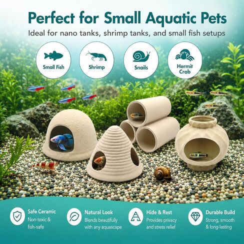 4PCS Betta Fish Tank Accessories, Fish Aquarium Decoration Hideout Caves for Fish Shrimp Crab to Breed, Rest and Play, No Paint, Natural Ceramics Triple Tunnel, Triangle Jar, Lantern & Cave House in Saudi Arabia
