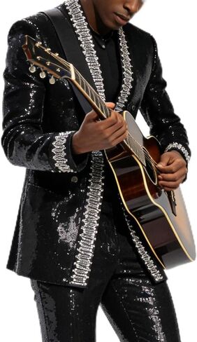Men's Sequined Blazer, Black with Silver Trim, Performance Stage Jacket for Wedding Banquet in Saudi Arabia