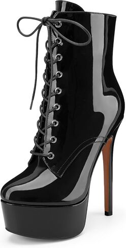 Z.Oufeier Women's Platform High Stiletto Heel Fall Ankle Boots Zipper Patent Leather Lace Up Round Toe Short Booties in Saudi Arabia