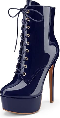 Z.Oufeier Women's Platform High Stiletto Heel Fall Ankle Boots Zipper Patent Leather Lace Up Round Toe Short Booties in Saudi Arabia