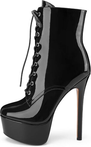 Z.Oufeier Women's Platform High Stiletto Heel Fall Ankle Boots Zipper Patent Leather Lace Up Round Toe Short Booties in Saudi Arabia