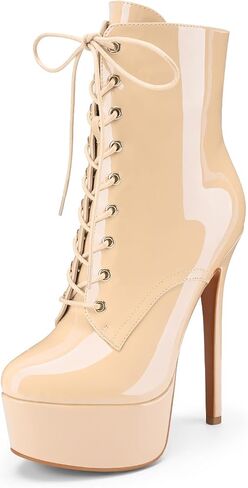 Z.Oufeier Women's Platform High Stiletto Heel Fall Ankle Boots Zipper Patent Leather Lace Up Round Toe Short Booties in Saudi Arabia