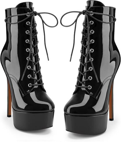 Z.Oufeier Women's Platform High Stiletto Heel Fall Ankle Boots Zipper Patent Leather Lace Up Round Toe Short Booties in Saudi Arabia