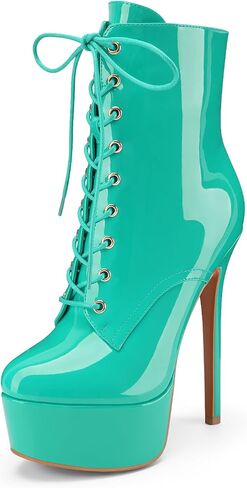 Z.Oufeier Women's Platform High Stiletto Heel Fall Ankle Boots Zipper Patent Leather Lace Up Round Toe Short Booties in Saudi Arabia