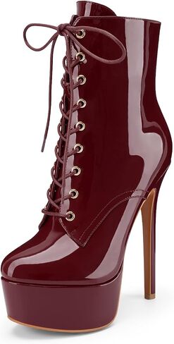 Z.Oufeier Women's Platform High Stiletto Heel Fall Ankle Boots Zipper Patent Leather Lace Up Round Toe Short Booties in Saudi Arabia