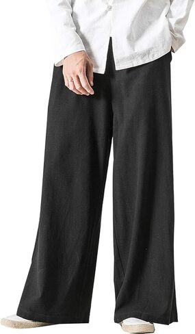 Arssm Mens Cotton Linen Pants Wide Leg Baggy Pants Elastic Waist Casual Summer Beach Palazzo Trousers(Black-XL) in Kuwait