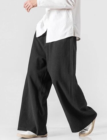 Arssm Mens Cotton Linen Pants Wide Leg Baggy Pants Elastic Waist Casual Summer Beach Palazzo Trousers(Black-XL) in Kuwait