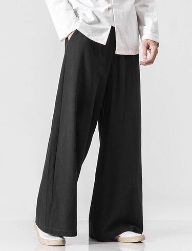 Arssm Mens Cotton Linen Pants Wide Leg Baggy Pants Elastic Waist Casual Summer Beach Palazzo Trousers(Black-XL) in Kuwait