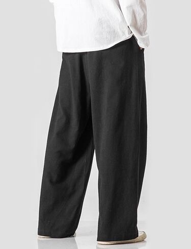 Arssm Mens Cotton Linen Pants Wide Leg Baggy Pants Elastic Waist Casual Summer Beach Palazzo Trousers(Black-XL) in Kuwait
