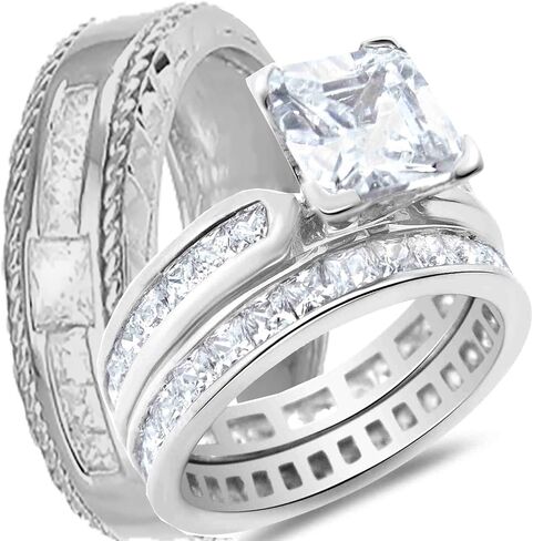 His Hers TRIO Sterling Silver Wedding Ring Set 3 PCS Matching Wedding Bands Him Her Bride Groom Couples in Saudi Arabia