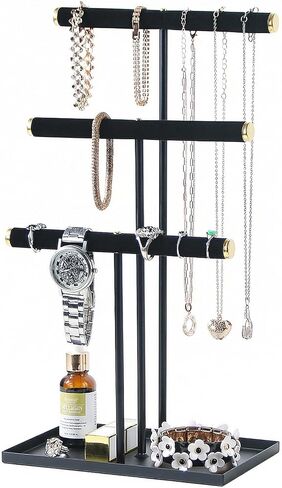 Jewelry Organizer Stand, Necklace Holder with Metal Frame, Jewelry holder stand Tree for Display, Bracelets Earrings and Ring Tray for Women (Black, 3 Tier) in Saudi Arabia